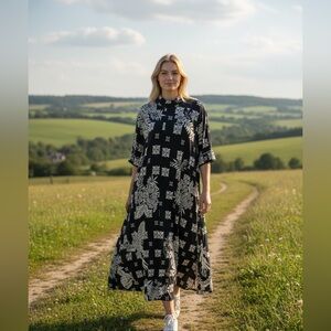 Johnny Was Black Boho Floral Janie Favorite Mock Neck Maxi Dress Travel 2XL